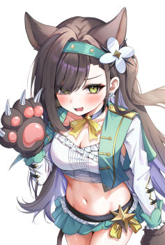  1girl adapted_costume animal_ears animal_hands armpit_cutout baerena_yugg'rhis black_choker black_hair blush breasts bu_leike capelet cat_ears chinese_commentary choker cleavage clothing_cutout colored_inner_hair commentary_request cowboy_shot crop_top earrings epaulettes extra_ears eyes_visible_through_hair fang flower frilled_shirt frills gloves green_capelet green_eyes green_skirt hair_flower hair_ornament hair_over_one_eye hairband hand_up highres jewelry long_hair long_sleeves looking_at_viewer medium_breasts microskirt midriff miniskirt multicolored_hair navel one_side_up open_mouth paw_gloves purple_hair ribbon shirt sidelocks skirt smile solo stomach two-tone_hair v-shaped_eyebrows verselink very_long_hair virtual_youtuber white_shirt yellow_ribbon 