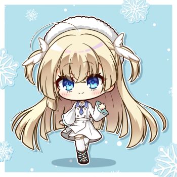  1girl ahoge alternate_costume aoniku_yaris black_boots blonde_hair blue_background blue_eyes blue_necktie blue_ribbon blunt_ends blush boots border buttons chibi chibi_only closed_mouth coat commentary crossed_bangs double-breasted drop_shadow full_body fur-trimmed_headwear fur_trim hair_between_eyes hair_ornament hand_up hat leg_ribbon long_hair long_sleeves looking_at_viewer necktie outside_border ribbon shirayuki_noa simple_background smile snowflakes solo split_mouth tenshi_souzou_re-boot! thighhighs two_side_up very_long_hair waving white_border white_coat white_hat white_ribbon white_thighhighs wide_sleeves wing_hair_ornament winter winter_clothes 
