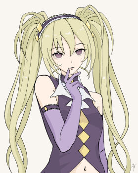  1girl absurdres blonde_hair blush choker commentary dark_jewel gloves hair_between_eyes hairband highres hoshina_utau lone_nape_hair looking_at_viewer magical_girl navel purple_gloves shirt shugo_chara! sidelocks simple_background sleeveless sleeveless_shirt smile solo twintails upper_body white_background yuxx00xxx 