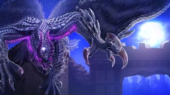  absurdres babayka_xvii black_scales clawed_hands claws dragon dragon_wings gore_magala highres horns monster monster_focus monster_hunter_(series) monster_hunter_4 no_humans open_mouth scales sharp_teeth spiked_arm spiked_wings tail teeth wings 