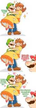  3koma absurdres blue_overalls blush brown_shoes carrying carrying_person comic crown dress facial_hair flipped_hair gloves green_hat green_shirt hat high_heels highres luigi manysart1 mario mario_(series) mustache nintendo overalls princess princess_daisy red_hat shirt shoes smile yellow_dress  rating:General score:4 user:orumma