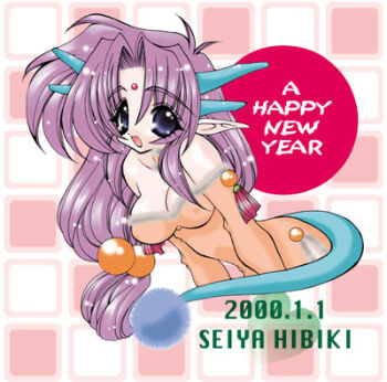  1girl 2000 2000s_(style) :d artist_name bad_id blue_eyes blue_horns blue_tail breasts chinese_zodiac commentary_request curtained_hair dated dragon_girl dragon_horns dragon_tail forehead_jewel hair_bobbles hair_ornament happy_new_year hibiki_seiya horns long_hair long_pointy_ears low-tied_long_hair lowres medium_breasts new_year nipples nude open_mouth original pointy_ears purple_hair smile solo tail tassel year_of_the_dragon 