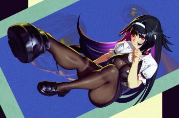  1girl absurdres astra_yao black_bra black_hair black_shoes black_skirt blue_background bodystocking border bra breasts brown_bodystocking brown_pantyhose closed_mouth collar colored_inner_hair commentary_request dithered_background from_above green_border hairband hand_on_own_chin hhhhhddd_audn highres large_breasts long_hair looking_at_viewer multicolored_hair pantyhose red_eyes see-through_clothes shoes shrug_(clothing) sitting skirt sleeveless_bodystocking solo underwear uneven_bangs white_hairband white_shrug zenless_zone_zero 