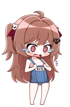  1girl @_@ absurdres ahoge barefoot blue_one-piece_swimsuit broken_heart broken_heart_hair_ornament brown_hair chibi chibi_only commentary crying english_commentary evil_neuro-sama full_body hair_ornament hair_ribbon heart highres long_hair neoriaquin neuro-sama one-piece_swimsuit open_mouth pulling_own_clothes red_eyes red_ribbon ribbon skull_hair_ornament solo swimsuit torn_hair_ribbon two_side_up vedal_ai virtual_youtuber 