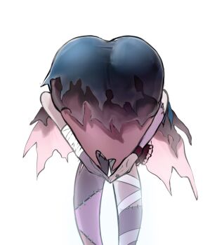  1girl amen_pose_(meme) arm_around_leg ass ass_focus bandaged_arm bandaged_leg bandages bent_over black_dress colored_skin commentary dress english_commentary frontbend hololive hololive_indonesia hyaruri kureiji_ollie kureiji_ollie_(1st_costume) meme multicolored_skin simple_background solo stitched_leg stitches virtual_youtuber white_background zombie 