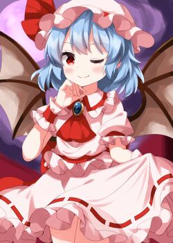  1girl ascot bat_wings blue_hair blush brooch closed_mouth commentary_request completion_time hat hat_ribbon highres jewelry looking_at_viewer medium_hair mob_cap one_eye_closed pink_hat pink_shirt pink_skirt puffy_short_sleeves puffy_sleeves red_ascot red_eyes remilia_scarlet ribbon ribbon-trimmed_skirt ribbon_trim ruu_(tksymkw) shirt short_sleeves skirt skirt_hold smile solo touhou wings wrist_cuffs 