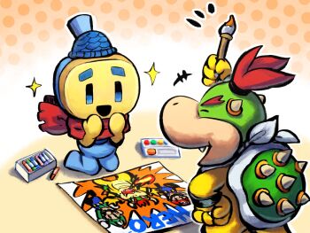  +++ 2boys :d arm_up bandana black_boots black_eyes black_facial_hair blue_eyes blue_hat blue_overalls boots bowser bowser_jr. bracelet brown_boots buddy_(mario) buttons child claws closed_eyes commentary_request crayon drawing_(object) facial_hair facing_another fang fireball gloves green_hat green_shirt hands_up hat highres holding holding_paintbrush horns jewelry kneeling long_sleeves luigi male_focus mario mario_&amp;_luigi:_brothership mario_&amp;_luigi_rpg mario_(series) multiple_boys mustache newsboy_cap nintendo nostrils notice_lines open_mouth orange_background overalls paintbrush red_hair red_hat red_scarf red_shirt scarf shirt smile sparkle spiked_shell tail turtle_shell white_bandana white_eyes white_gloves yamari_(ya_mari_6363) 