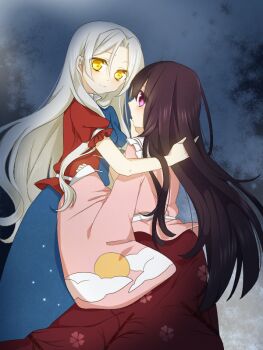  2girls blue_shirt blue_skirt brown_hair collared_shirt commentary_request constellation_print frilled_shirt_collar frills grey_hair hand_in_another's_hair houraisan_kaguya long_hair multiple_girls no_headwear pink_eyes pink_shirt print_skirt red_shirt red_skirt shirt skirt touhou tsuno_no_hito two-tone_shirt very_long_hair yagokoro_eirin yellow_eyes yuri 