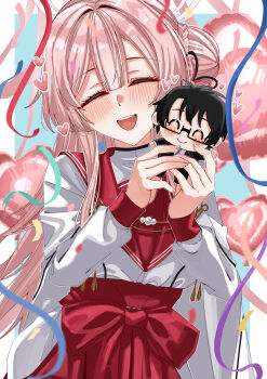  1girl absurdres balloon blue_archive blue_background border braid bun_with_braided_base character_doll closed_eyes commentary confetti doll facing_viewer hair_between_eyes hair_bun halo heart heart_balloon highres holding holding_doll long_hair long_sleeves mimori_(blue_archive) open_mouth outside_border pink_hair pink_halo red_sailor_collar rynn_(darknescorez) sailor_collar sensei_(blue_archive) shirt simple_background single_side_bun smile solo streamers textless_version upper_body white_border white_shirt 