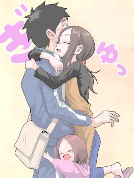  1boy 2girls :d absurdres apron bag black_hair black_shirt brown_apron brown_hair child family father_and_daughter gradient_background hatomugi_(user_datj4345) highres hug husband_and_wife karakai_jouzu_no_(moto)_takagi-san karakai_jouzu_no_takagi-san long_hair long_sleeves mother_and_daughter multiple_girls nishikata nishikata_chii open_mouth orange_background shirt short_hair smile takagi-san two-tone_background yellow_background 