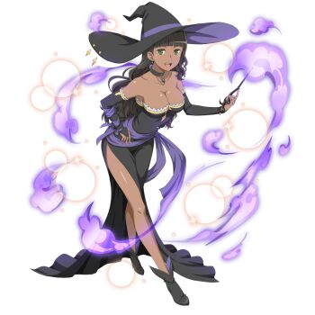  1girl :d anime_coloring bare_shoulders black_bridal_gauntlets black_choker black_hair black_hat black_shoes blunt_bangs breasts bridal_gauntlets choker cleavage danmachi_memoria_freese dark-skinned_female dark_skin dress dungeon_ni_deai_wo_motomeru_no_wa_machigatteiru_darou_ka earrings full_body gem hand_on_own_hip hat holding holding_wand jewelry leaning_forward long_dress long_hair looking_at_viewer medium_breasts official_alternate_costume official_alternate_hairstyle official_art open_mouth purple_gemstone purple_sash sash shoes side_slit sleeveless sleeveless_dress smile solo standing strapless strapless_dress third-party_source tight_clothes tight_dress tione_hyryute waist_sash wand witch witch_hat 