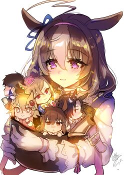  +_+ 1boy 5girls admire_vega_(umamusume) ahoge air_shakur_(umamusume) animal_ears bag black_hair blush bow brown_hair clipboard closed_mouth clover_hair_ornament commentary_request crown daruma_doll daruma_doll_hair_ornament double-parted_bangs ear_covers ear_ribbon eyebrow_piercing face_piercing four-leaf_clover_hair_ornament frown gloves hair_between_eyes hair_ornament hairband headband highres holding holding_bag horse_ears horse_girl long_hair long_sleeves matikanefukukitaru_(umamusume) meisho_doto_(turbulent_blue)_(umamusume) meisho_doto_(umamusume) mini_crown mini_person miniboy minigirl multicolored_hair multiple_girls orange_hair parted_lips piercing pink_crown pink_hairband pink_headband purple_eyes shimaji shirt short_hair shoulder_bag single_ear_cover smile t.m._opera_o_(o_sole_suo!)_(umamusume) t.m._opera_o_(umamusume) thumbs_up trainer_(umamusume) two-tone_hair umamusume white_gloves white_hair white_shirt 