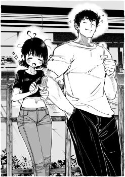  1boy 1girl absurdres antenna_hair arm_at_side blush closed_eyes closed_mouth commentary crop_top cropped_shirt denim english_commentary eudetenis feet_out_of_frame fingernails food food_bite greyscale hand_in_pocket hand_up happy highres holding holding_food holding_popsicle jeans midriff monochrome motion_lines navel open_mouth original outdoors pants popsicle shirt short_hair short_sleeves standing t-shirt very_short_hair 