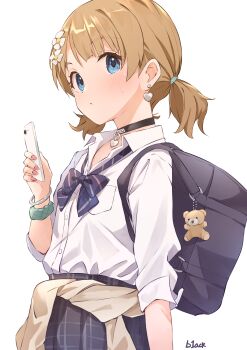 1girl absurdres animal_charm arm_at_side artist_name b1ack_illust bag bag_charm bear_charm black_choker black_skirt blue_bow blue_bowtie blue_eyes blush bow bowtie bracelet brown_cardigan brown_hair cardigan cardigan_around_waist cellphone charm_(object) choker clothes_around_waist commentary concept_gyarus_(idolmaster) diagonal-striped_bow diagonal-striped_bowtie diagonal-striped_clothes earrings fingernails flower gyaru hair_flower hair_ornament heart heart_earrings highres holding holding_phone idolmaster idolmaster_million_live! idolmaster_million_live!_theater_days jewelry kogal looking_at_viewer loose_bowtie nail_polish open_collar phone pleated_skirt school_bag school_uniform scrunchie shirt shirt_tucked_in short_twintails simple_background skirt solo striped_bow striped_bowtie striped_clothes suou_momoko sweatdrop twintails upper_body white_background white_shirt wrist_scrunchie rating:General score:18 user:danbooru