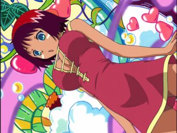  1girl :o aged_up animated animated_gif anime_screenshot bare_legs bare_shoulders barefoot blue_eyes blush_stickers bouncing_breasts breasts china_dress chinese_clothes cleavage curvy dark-skinned_female dark_skin dress feet huge_breasts jungle_wa_itsumo_hare_nochi_guu large_breasts looking_at_viewer mari_(jungle_wa_itsumo_hare_nochi_guu) open_hands open_mouth red_dress red_hair short_dress short_hair sleeveless solo thick_thighs thighs 