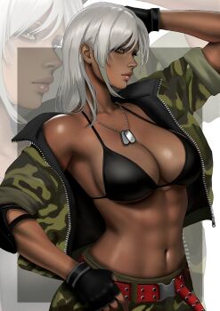  1girl abs arm_up bare_shoulders belt bikini black_bikini black_gloves breasts camouflage camouflage_jacket camouflage_pants cleavage commentary dark-skinned_female dark_skin dog_tags english_commentary fingerless_gloves gloves grey_hair hair_behind_ear highres holding holding_belt jacket kittymiya large_breasts long_hair muscular muscular_female navel pants single_off_shoulder solo swimsuit vanessa_lewis virtua_fighter virtua_fighter_5 