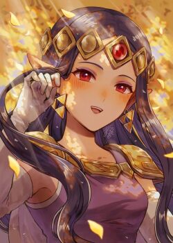  1girl adjusting_hair agisato armor autumn_leaves blush circlet dress earrings elbow_gloves eyeshadow gloves hand_up jewelry leaf light_rays long_hair looking_at_viewer makeup nintendo open_mouth pauldrons pointy_ears princess_hilda purple_eyes red_eyes shoulder_armor smile solo the_legend_of_zelda the_legend_of_zelda:_a_link_between_worlds upper_body 