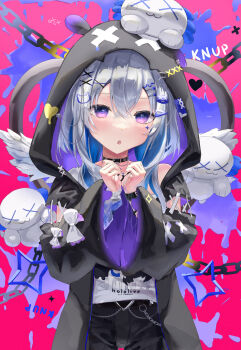  1girl absurdres amane_kanata black_choker black_jacket black_pants blue_hair blue_nails blush choker colored_inner_hair commentary feathered_wings grey_hair hair_between_eyes heart heart_hands highres hololive hood hood_up jacket lazyramen long_hair looking_at_viewer multicolored_hair open_mouth pants purple_eyes shirt single_bare_shoulder solo two-tone_hair virtual_youtuber white_shirt white_wings wide_sleeves wings 