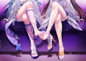 2girls absurdres black_hair brown_hair crossed_legs feet floral_print foot_focus footsies high_heels highres japanese_clothes kimono kneehighs knees long_hair long_sleeves lower_teeth_only lucia_(pgr) multiple_girls punishing:_gray_raven purple_sandals sandals selena:_pianissimo_(threads_of_destiny)_(pgr) selena_(pgr) shadow shiromuku shoes single_sandal single_shoe sitting skaven_gongcheng_shushi socks teeth toes uchikake white_kimono white_shoes white_socks yuri 