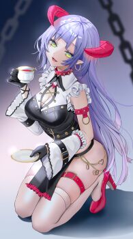  1girl :d absurdres arm_belt bare_shoulders belt black_dress black_gloves breasts chain cleavage cleavage_cutout clothing_cutout collar commentary cup demon_girl demon_horns detached_sleeves dress earrings frilled_dress frills full_body gloves gradient_background green_eyes head_tilt high_heels highres holding holding_cup horns jewelry kneeling large_breasts lloule long_hair long_sleeves looking_at_viewer mole mole_under_eye open_mouth original panty_straps pelvic_curtain pointy_ears purple_hair red_horns red_shoes shoes sidelocks simple_background skindentation sleeveless sleeveless_dress smile solo spiked_collar spikes thigh_belt thigh_strap thighhighs thighs untranslatable_commentary very_long_hair white_thighhighs wide_sleeves wing_collar 
