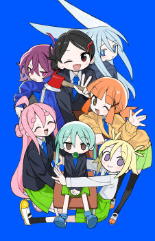 6+girls ^_^ absurdres akeru_(zelmoni) aqua_hair axe black_eyes black_hair black_jacket black_thighhighs blazer blonde_hair blue_background blue_boots blue_eyes blue_jacket blue_necktie blush boots brown_eyes cardigan chair clenched_teeth closed_eyes fang fire_axe frown fue_(zelmoni) funami_rin furuya-san_(zelmoni) green_skirt hair_bun hair_horns hair_ornament hairpin highres holding holding_axe jacket jitome kneeling kokaki_mumose leaning_forward long_hair long_sleeves looking_at_viewer moshimo_moshiko mouth_hold multiple_girls necktie one_eye_closed open_mouth orange_hair parted_lips ponytail purple_eyes purple_hair school_chair shirt shirt_tucked_in shoes short_hair short_ponytail sitting skirt smile standing teeth tetata_pachi thick_eyebrows thighhighs track_jacket twintails v-shaped_eyebrows waving whistle white_shirt x_hair_ornament yaho_(zelmoni) yellow_cardigan zelmoni 