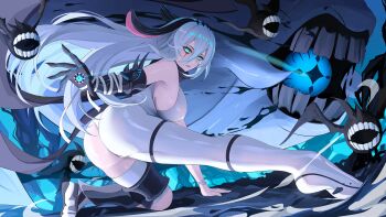 1girl ass bare_shoulders blood blue_eyes bodysuit boots breasts cameltoe chaos_zero_nightmare crouching elbow_gloves from_behind gloves large_breasts long_hair looking_at_viewer looking_back massoukei narja_(chaos_zero_nightmare) parted_lips sideboob single_glove skin_tight smile very_long_hair white_hair