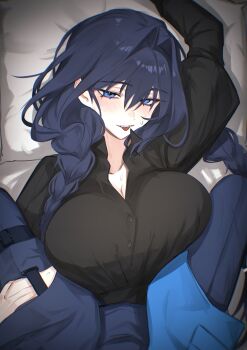  2girls :p absurdres black_dress blue_eyes blue_hair blue_jacket blue_pants braid breasts dress dual_persona fangs female_pov from_above hair_between_eyes hair_intakes half-closed_eyes hashtag-only_commentary highres hololive hololive_english hunk_404 jacket juliet_sleeves large_breasts light_blush long_hair long_sleeves looking_at_viewer low_twin_braids lying multiple_girls naughty_face official_alternate_costume on_back ouro_kronii ouro_kronii_(4th_costume) ouro_kronii_(maid) pants pillow pov puffy_sleeves selfcest sitting sitting_on_person solo_focus sweat tongue tongue_out twin_braids yuri 