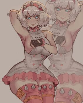  1girl arm_behind_head armpits black_gloves blue_eyes breasts choker closed_mouth commentary cowboy_shot dress elphelt_valentine english_commentary fingerless_gloves frilled_dress frills gloves grey_background grey_dress grey_hair guilty_gear guilty_gear_strive hairband highres large_breasts looking_at_viewer parted_bangs pink_choker pink_hairband pink_thighhighs short_hair sleeveless sleeveless_dress smile spiked_choker spiked_hairband spikes thighhighs widisu zoom_layer 