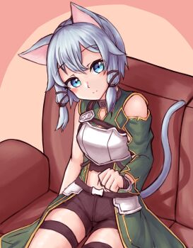  1girl absurdres animal_ears armor bare_shoulders black_shorts blue_eyes blue_hair blush breastplate breasts cat_ears cat_girl cat_tail clothing_cutout commentary_request couch cowboy_shot dress eyelashes green_dress hair_between_eyes hand_up head_tilt highres korean_commentary light_smile long_sleeves looking_at_viewer medium_hair midriff navel on_couch open_clothes open_dress paw_pose pink_background raised_eyebrows short_shorts shorts shoulder_cutout single_sleeve sinon sinon_(sao-alo) sitting skindentation small_breasts solo sword_art_online syhown tail thigh_strap 