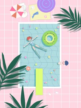  2girls ameame_10 barefoot blue_hair braid braided_ponytail commentary_request flower happy highres legs multiple_girls pink_flower plant pool ranma-chan ranma_1/2 red_hair smile tendou_akane towel water yellow_flower 