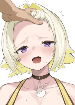  1boy 1girl @_@ black_choker blonde_hair blush choker commander_(nikke) crystal_shoujo elegg_(boom_and_shock)_(nikke) elegg_(nikke) fang flying_sweatdrops forehead goddess_of_victory:_nikke hair_intakes highres misleading_thumbnail open_mouth purple_eyes sweat white_background 