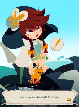 1girl 2boys ahegao animal_penis bestiality brown_hair censored character_name cowgirl_position cris_tales crisbell frog goatwithsauce highres loli matias_(cris_tales) multiple_boys penis rolling_eyes sex sex_through_untorn_clothes speech_bubble straddling talking tongue tongue_out twintails vaginal wolf wolf_penis