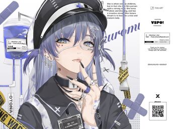  .akuma 1girl alternate_costume black_nails black_shirt blood blood_bag blue_eyes choker cross cross_earrings cross_necklace ear_piercing earrings facial_mark fingernails grey_hair hair_between_eyes hair_ornament hairpin hashtag-only_commentary hat highres jewelry long_fingernails long_hair multiple_rings necklace peaked_cap piercing portrait ring shirt solo transparent_eyewear two_side_up virtual_youtuber vspo! yano_kuromu 