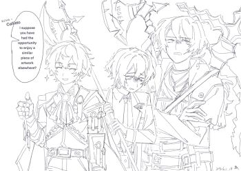  3boys a_certain_sinclair_(project_moon) aged_up aitib armor collared_shirt dated english_text gloves greyscale halberd hashtag-only_commentary highres holding limbus_company lineart long_sleeves male_focus monochrome multiple_boys n_corp._fanatic_(identity)_(project_moon) official_alternate_costume official_alternate_hairstyle pants polearm project_moon shirt short_hair shoulder_armor sinclair_(project_moon) smile sound_effects sparkle thumbs_up trembling wax_seal weapon white_background 