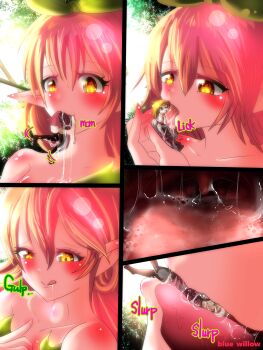  2girls artist_name blonde_hair blue_willow blush bow brown_eyes character_request comic english_text giant giantess green_bow hair_bow hairband highres inside_creature lens_flare licking licking_lips long_hair motion_lines multiple_girls open_mouth outdoors plant pointy_ears red_hair saliva saliva_trail short_hair swallowing throat_bulge tongue tongue_out upper_body uvula vore x-ray 