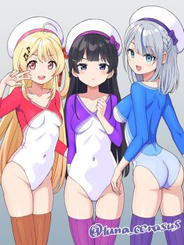  3girls :d :t ahoge amagai_ruka ass beamed_eighth_notes beret black_hair blonde_hair blue_eyes blue_hair bow braid breasts brown_thighhighs clenched_hand closed_mouth collarbone commentary_request commission covered_navel crossover eighth_note fortissimo grey_background grey_hair groin hair_ornament hairclip hand_up hat hat_bow highres hololive hololive_dev_is leotard long_hair medium_breasts multicolored_hair multiple_crossover multiple_girls musical_note musical_note_hair_ornament nijisanji open_mouth otonose_kanade pixiv_commission pout purple_bow purple_thighhighs red_eyes ribbed_thighhighs simple_background smile streaked_hair thighhighs tsukino_mito tsunaso_(lack_of_sunlight) twitter_username v-shaped_eyebrows very_long_hair virtual_youtuber w weather_planet white_hat white_leotard 
