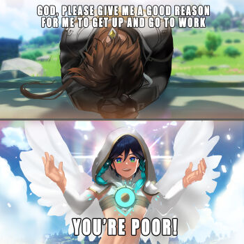  2boys androgynous black_gloves black_hair blue_hair braid brown_hair capelet chest_tattoo cloud cloudy_sky commentary_request crop_top day english_text feathered_wings genshin_impact gloves gradient_hair green_eyes gunmetalrose highres hood hood_up hooded_capelet impact_(font) jacket long_hair long_sleeves looking_at_viewer male_focus midriff multicolored_hair multiple_boys open_mouth outdoors ponytail praying short_hair_with_long_locks sidelocks sky smile tattoo twin_braids venti_(archon)_(genshin_impact) venti_(genshin_impact) white_wings wings zhongli_(genshin_impact)  rating:Sensitive score:13 user:danbooru