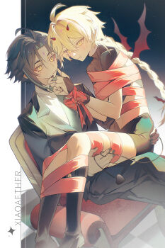  2boys 443420884 absurdres aether_(genshin_impact) ahoge bdsm blonde_hair blush bondage bound braid closed_mouth commentary_request demon_horns demon_tail demon_wings genshin_impact highres horns male_focus multiple_boys nail_polish pointy_ears red_ribbon ribbon sitting sitting_on_lap sitting_on_person sky star_(sky) starry_sky tail wings xiao_(genshin_impact) yaoi yellow_eyes 