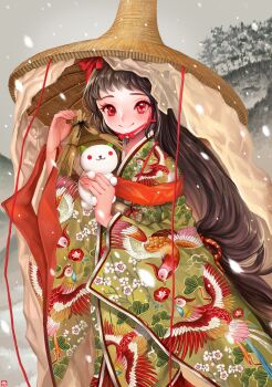  1girl albino bad_id bad_twitter_id bowl bowl_hat brown_hair candlefish creature female_focus floral_print hat highres japanese_clothes kimono long_hair looking_at_viewer monster neko_atsume original outdoors plant red_eyes smile snow solo standing tree very_long_hair winter yukineko-san 
