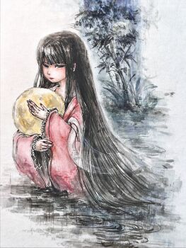  1girl absurdres bamboo black_eyes chinese_commentary closed_mouth commentary_request frilled_sleeves frills highres houraisan_kaguya ink_wash_painting long_hair long_sleeves moon partially_submerged pink_shirt shirt solo touhou very_long_hair wide_sleeves yon_1912 