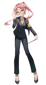  1girl :o absurdres armband black_jacket black_pants black_shoes black_vest bsm_(tcsv2827) commentary_request forehead full_body glasses green_eyes hair_intakes hanako_nana hand_up high_heels highres holding jacket korean_commentary layered_sleeves long_hair long_legs long_sleeves multicolored_hair necktie pants parted_bangs parted_lips pink_hair ponytail pumps shoes simple_background solo standing stellive streaked_hair vest virtual_youtuber waistcoat white_background wing_collar yellow_armband yellow_necktie 