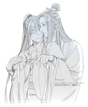  2boys black_hair bound bound_wrists chinese_clothes closed_eyes closed_mouth commentary_request couple hair_ribbon hanfu high_ponytail holding holding_ribbon hug hug_from_behind kiss kissing_cheek lan_wangji long_hair long_sleeves looking_at_another male_focus modao_zushi monochrome multiple_boys pale_color ponytail red_ribbon ribbon ribbon_bondage robe sash sidelocks simple_background sleeves_past_wrists smile spot_color topknot twitter_username upper_body very_long_hair wei_wuxian white_background white_ribbon wide_sleeves xiao_guan_(headdress) yaoi ykmr_(haga) 
