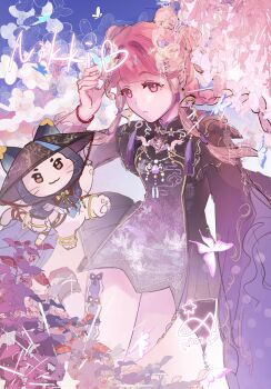  :3 :o ankle_ring black_cloak black_dress black_hat blue_sky bow bow-shaped_hair bowtie braid braided_hair_rings brown_eyes bug butterfly character_name cherry_blossoms chinese_clothes chinese_commentary cloak closed_mouth commentary_request crescent crescent_hair_ornament day dot_nose double_bun dress ear_covers ears_through_headwear eyelashes floating_hair flower frilled_sleeves frills hair_bun hair_ornament hair_rings hair_tubes hand_on_own_head hat highres hood hood_up hooded_cloak infinity_nikki insect long_hair long_sleeves looking_at_animal momo_(nikki) nikki_(nikki) nikki_(series) official_alternate_color outdoors parted_lips pawpads pink_eyes pink_flower pink_hair print_sleeves purple_dress red_bow red_bowtie shitihao short_dress side_braids sidelocks signature sky smile song_beyond_(infinity_nikki) spring_(season) star_(symbol) twin_braids two-tone_dress very_long_hair whiskers wide_sleeves 