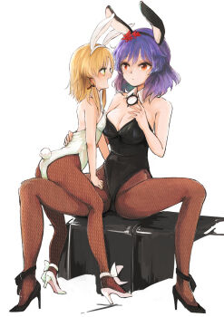  2girls alternate_costume animal_ears ass asymmetrical_docking bare_shoulders blonde_hair breast_press breasts cleavage commentary_request detached_collar earrings eye_contact fishnet_pantyhose fishnets grabbing_another's_ass green_eyes groping hair_ornament hair_ribbon hand_on_another's_stomach high_heels jewelry leaf_hair_ornament looking_at_another medium_breasts moriya_suwako multiple_girls open_mouth pantyhose petite playboy_bunny purple_hair rabbit_ears rabbit_tail red_eyes redrawn ribbon short_hair sidelocks sitting sitting_on_object sitting_on_person size_difference spread_legs straddling tail thigh_straddling touhou wataichi_meko wrist_cuffs yasaka_kanako yellow_eyes yuri 
