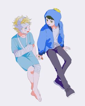  2boys absurdres animification arm_sling bandaged_arm bandaged_head bandaged_leg bandages barefoot black_hair black_pants blonde_hair blue_hat blue_jacket brown_eyes chullo chunai_tuju craig_tucker crew_neck crossed_ankles eye_contact full_body hat highres hospital_gown invisible_chair jacket long_sleeves looking_at_another looking_to_the_side male_focus messy_hair multiple_boys open_clothes open_jacket open_mouth pants shirt shoes short_hair simple_background sitting smile sneakers south_park tweek_tweak white_background white_shirt 