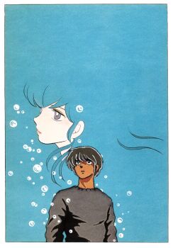  1boy 1girl black_eyes black_hair blue_background bubble colored_skin dark_skin godai_yuusaku grey_eyes grey_shirt highres lipgloss long_hair looking_to_the_side looking_up maison_ikkoku non-web_source official_art open_mouth otonashi_kyouko shirt short_hair takahashi_rumiko white_skin 