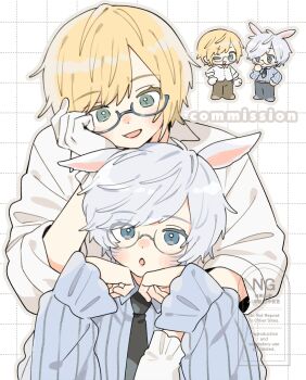  2boys :d :o ;d animal_ears black_necktie blonde_hair blue_eyes blue_hair blue_pants blue_shirt blue_shoes brown_pants brown_shoes chibi closed_mouth collared_shirt commentary commission dot_nose glasses green_eyes grey_outline grid_background hashtag-only_commentary highres long_sleeves male_focus moi03_moi08 multiple_boys necktie one_eye_closed open_mouth original outline pants parted_bangs rabbit_boy rabbit_ears semi-rimless_eyewear shirt shoes short_hair smile under-rim_eyewear white_background white_shirt 