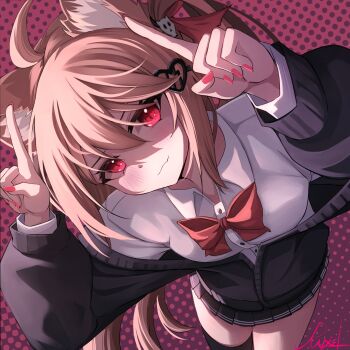  1girl absurdres ahoge animal_ears black_cardigan black_skirt black_thighhighs bow bowtie broken_heart broken_heart_hair_ornament brown_hair cardigan cat_ears closed_mouth collared_shirt commentary cowboy_shot dress_shirt evil_neuro-sama hair_between_eyes hair_ribbon heart highres long_hair long_sleeves looking_at_viewer miniskirt nail_polish neuro-sama pink_nails pleated_skirt polka_dot polka_dot_background red_bow red_bowtie red_ribbon ribbon ruciel shirt single_thighhigh skirt solo thighhighs two_side_up vedal_ai white_shirt 