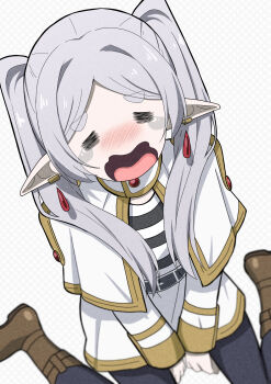  1girl absurdres arms_between_legs black_leggings boots brown_boots capelet commentary_request crying earrings elf frieren frieren's_three-day_tantrum grey_hair highres hosinonana jewelry leggings long_hair parted_bangs pointy_ears shirt simple_background sitting skirt sobbing solo sousou_no_frieren striped_clothes striped_shirt teardrop_earrings thick_eyebrows twintails very_long_hair wariza wavy_mouth white_background white_capelet white_skirt 
