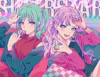  2girls aqua_hair bare_shoulders black_dress black_jacket braid candy closed_mouth commentary copyright_name dress expressionless food green_eyes hand_in_own_hair holding holding_candy holding_food holding_lollipop jacket lollipop long_hair love_live! love_live!_superstar!! multiple_girls off_shoulder one_side_up onitsuka_tomari open_clothes open_jacket orange_eyes pink_jacket purple_hair red_shirt revision shirt short_dress side_braid sitting sleeveless sleeveless_dress sleeveless_shirt v-shaped_eyebrows w w_over_head wien_margarete yukitake_(bullfalk) 